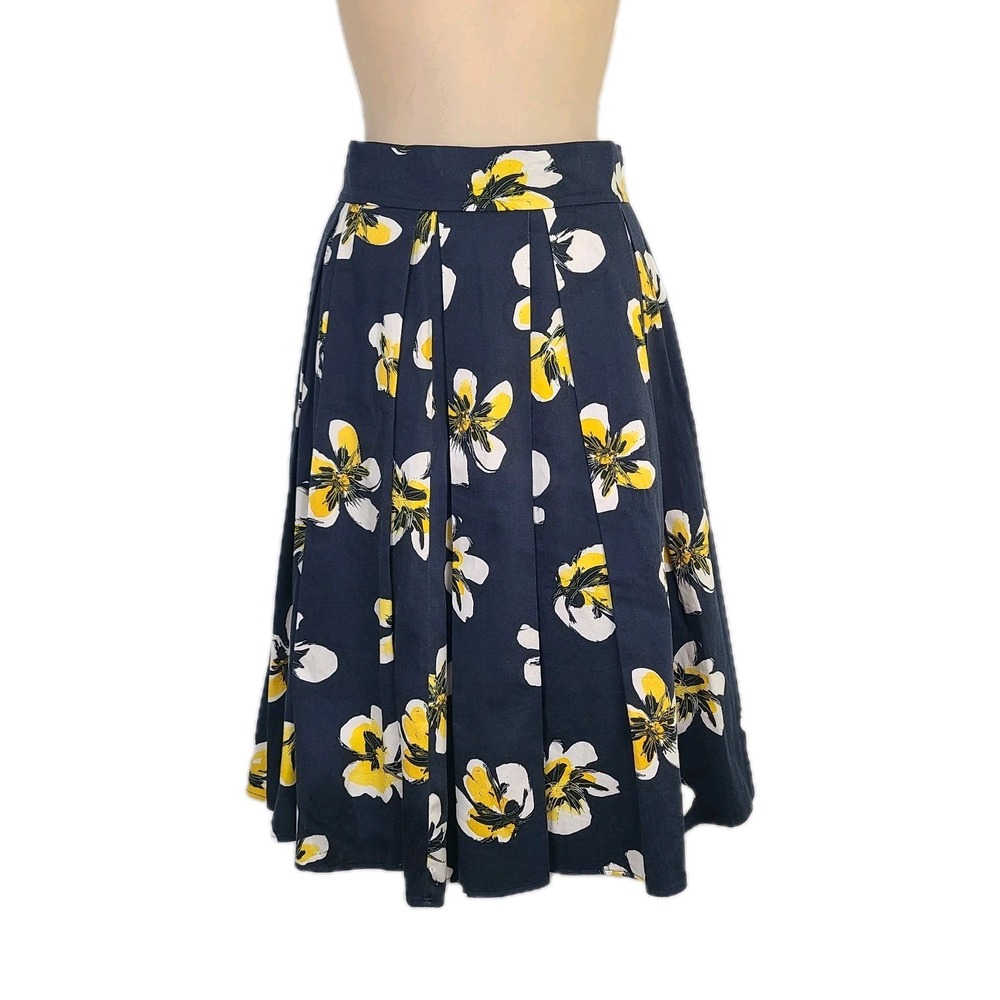 Anne Fontaine A-Line Pleated Skirt‎ Cotton  Floral Navy Yellow 36 EU 0-2 US Work